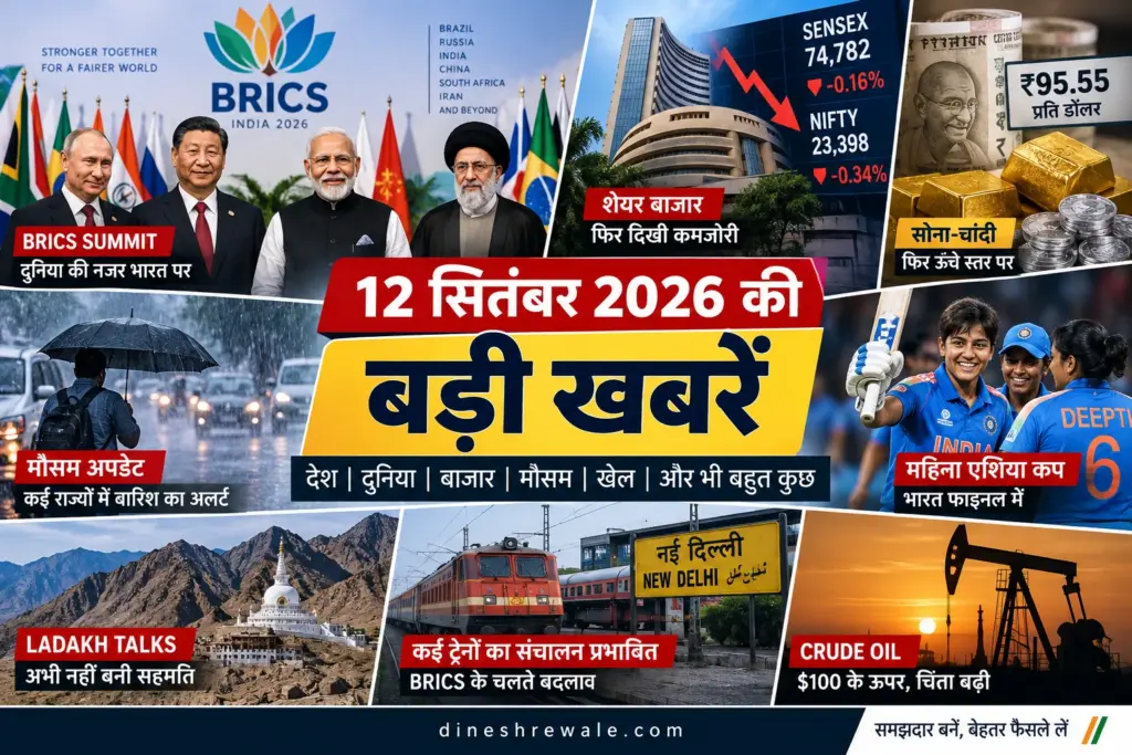 12 सितंबर 2026 की बड़ी खबरें: BRICS समिट, शेयर बाजार, रुपया, मौसम और महिला एशिया कप