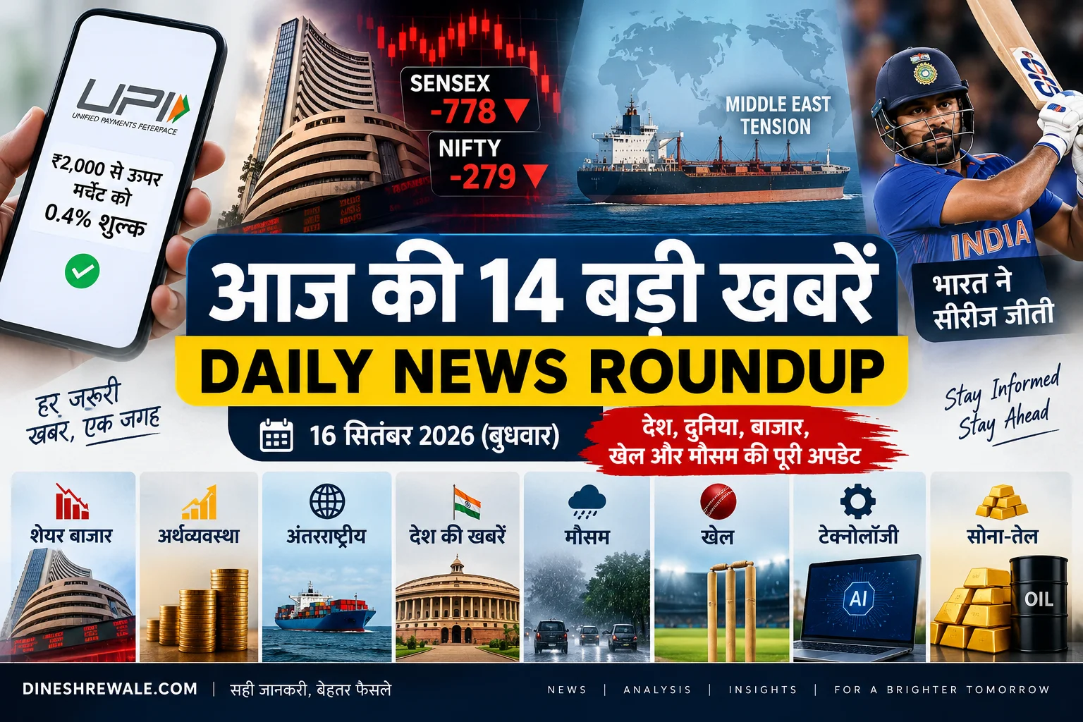 16 सितंबर 2026 की 14 बड़ी खबरें: UPI MDR, शेयर बाजार, crude oil, मौसम और भारत-अफगानिस्तान क्रिकेट