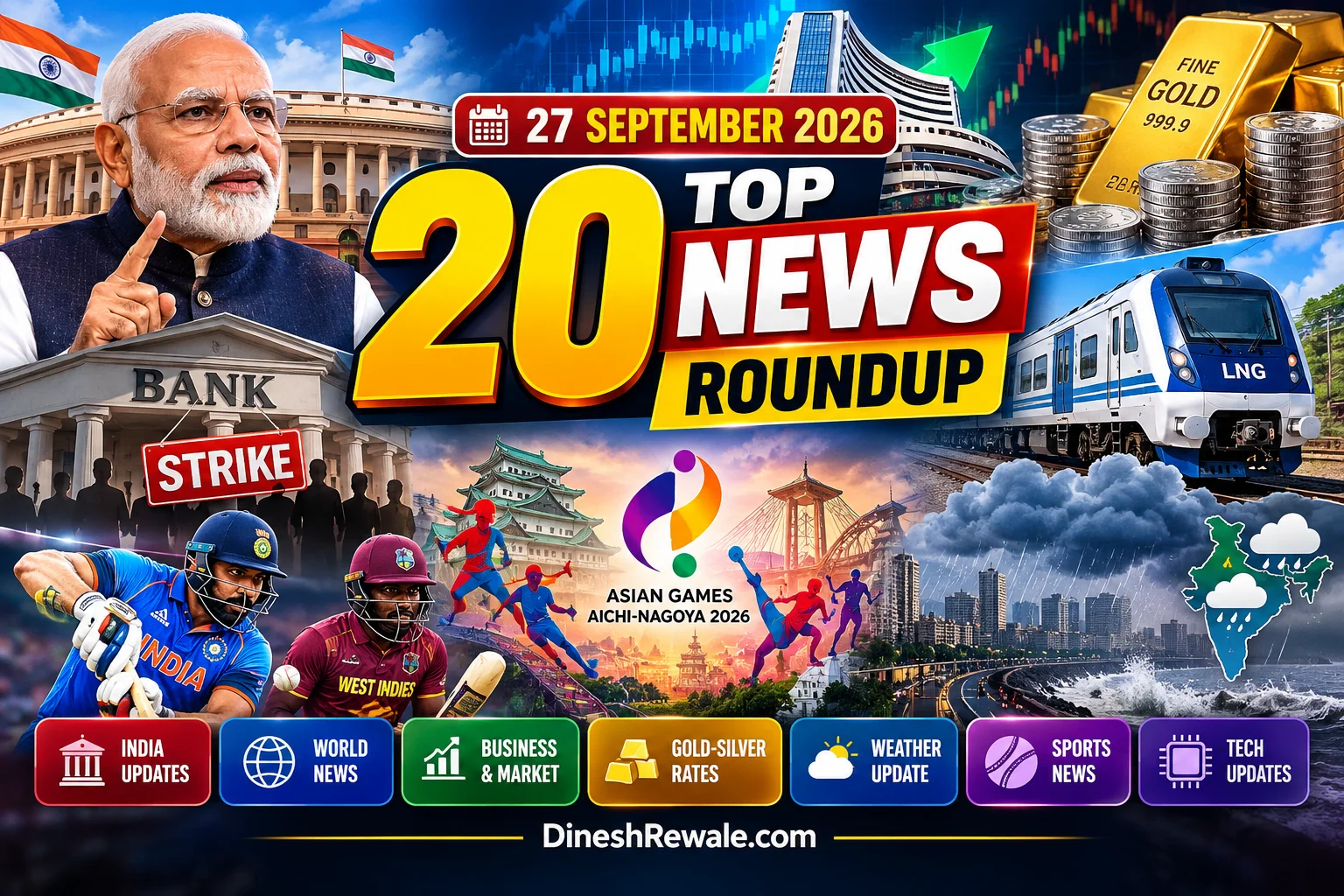 27 September 2026 News: India, World, Business, Market, Sports और Weather की 20 बड़ी खबरें एक जगह पढ़ें, साथ में Gold, Silver और Stock Market updates.
