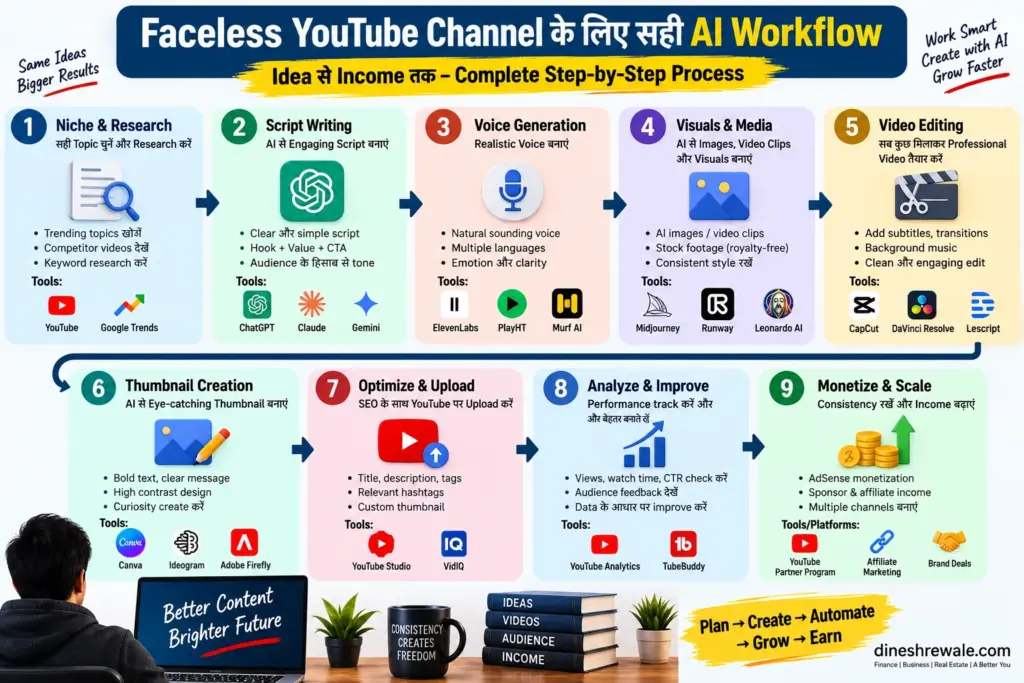 Faceless YouTube Channel के लिए सही AI Workflow
