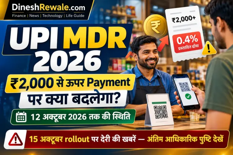 DineshRewale.com की UPI MDR 2026 feature image: ₹2,000 से ऊपर payment, प्रस्तावित 0.4% MDR और 15 अक्टूबर rollout status
