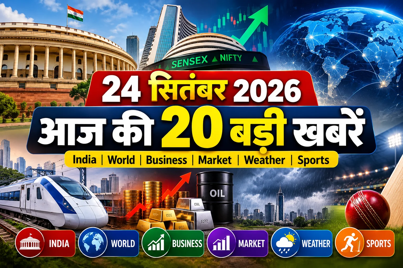 24 सितंबर 2026 की 20 बड़ी खबरें: India, World और Market
