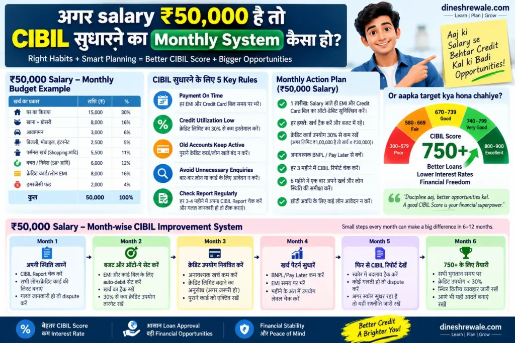 अगर salary ₹50,000 है तो CIBIL सुधारने का monthly system कैसा हो?