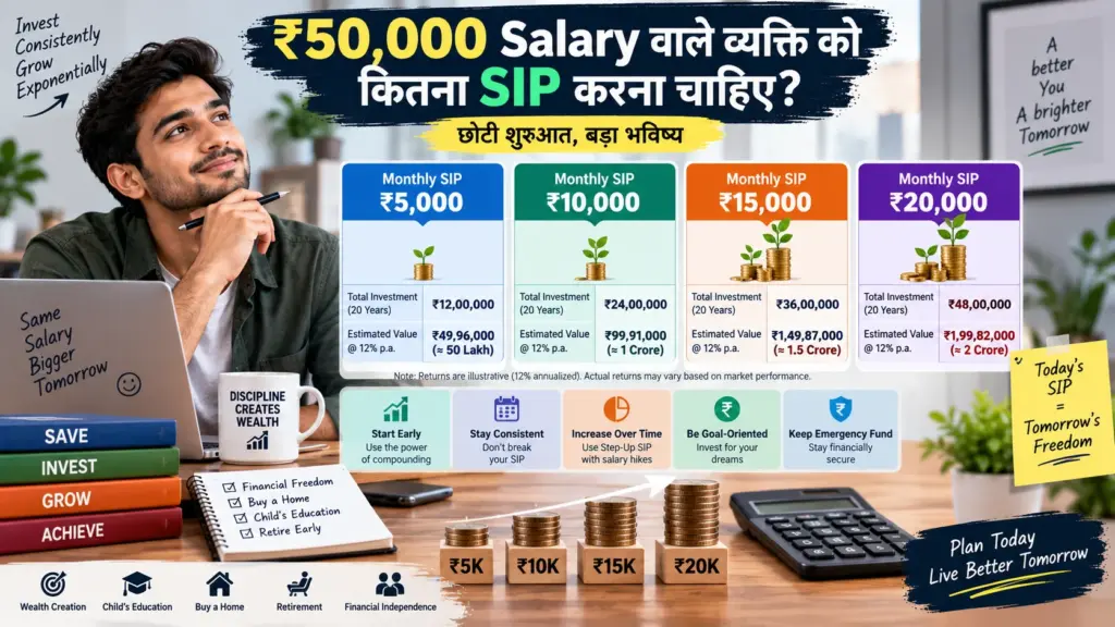 ₹50,000 Salary वाले व्यक्ति को कितना SIP करना चाहिए monthly SIP growth chart