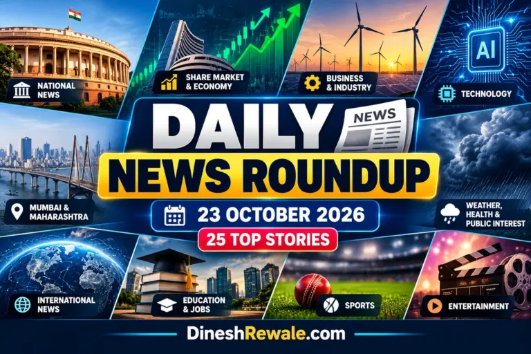 Daily News Roundup 23 October 2026 featuring national news, share market, business, technology, Mumbai, weather and international news
