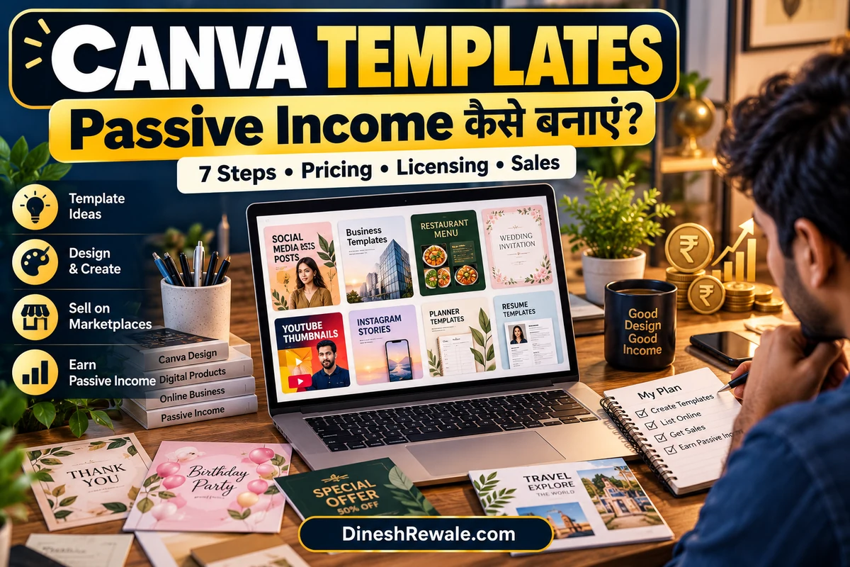 Canva Templates बेचकर Passive Income बनाने की guide, laptop पर digital template designs और online sales illustration