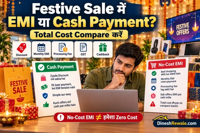 Festive Sale में EMI और Cash Payment की तुलना, instant discount, processing fee, GST और cashback समझाने वाली DineshRewale.com की featured image