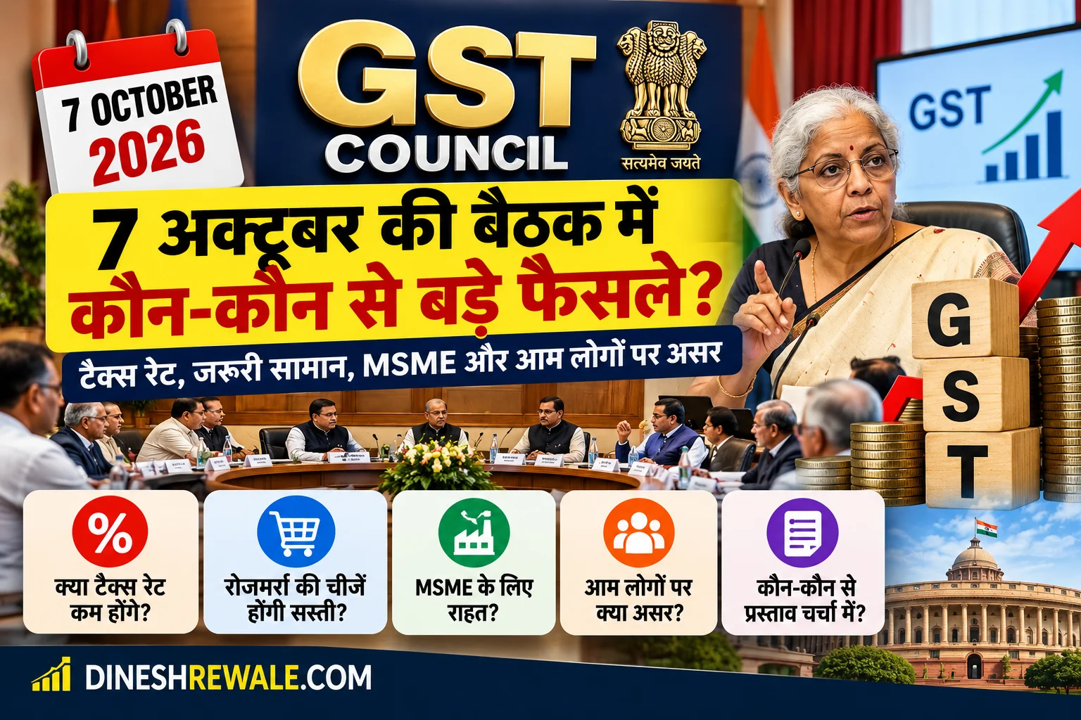 7 अक्टूबर 2026 की GST Council meeting में registration, ITC, refunds और compliance reforms पर चर्चा हो सकती है। जानिए small businesses और taxpayers पर संभावित असर।