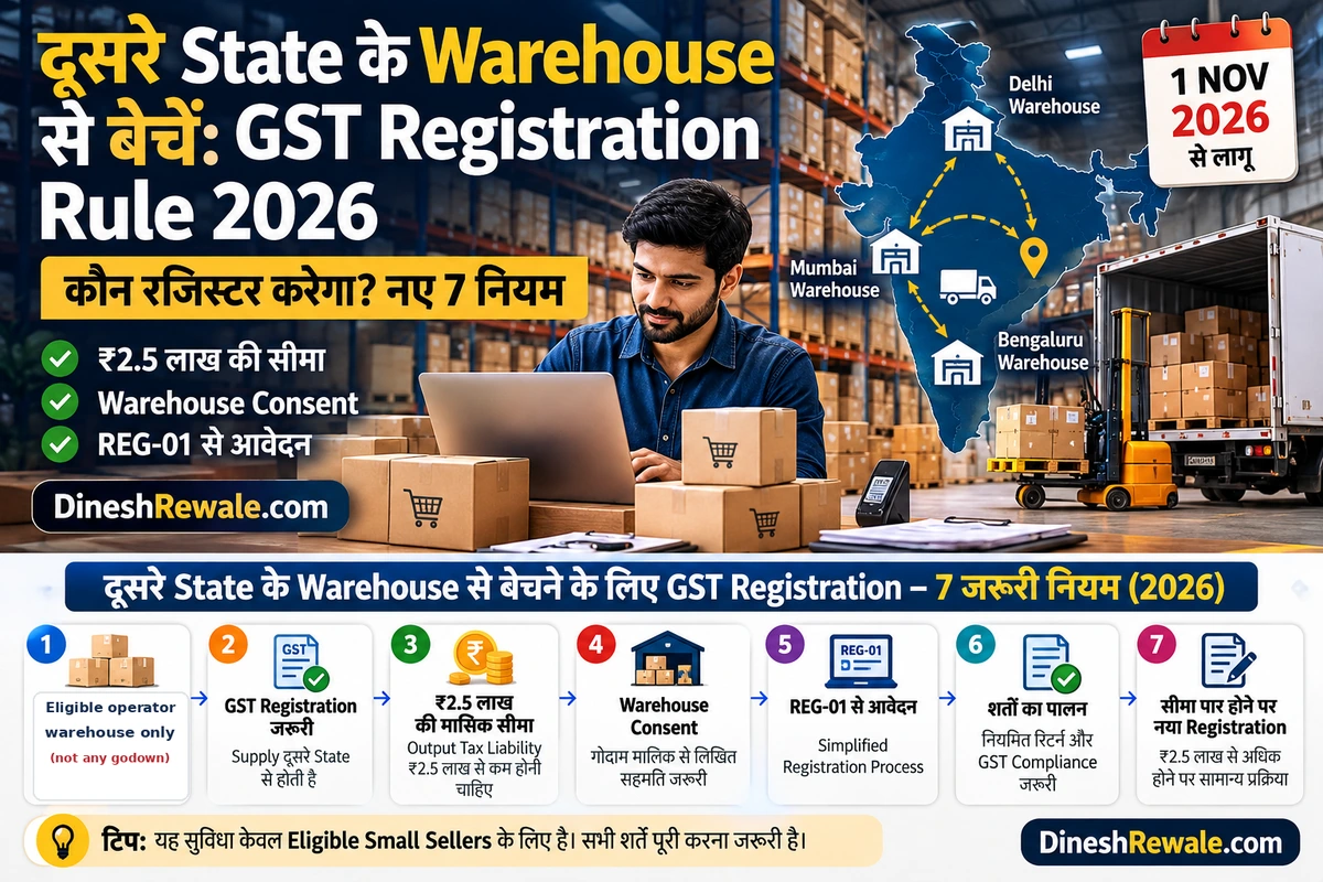 GST Rule 14B के तहत दूसरे राज्य के e-commerce warehouse से बिक्री के मुख्य नियमों का infographic