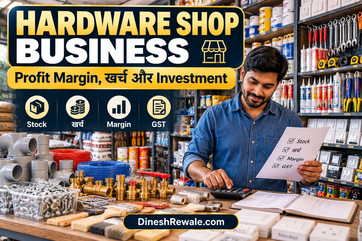 Hardware Shop Business की investment, profit margin, stock और खर्च समझाता हुआ branded illustration