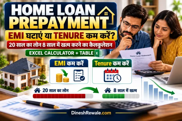 Home loan prepayment calculation comparing lower EMI versus shorter tenure, with loan repayment chart and DineshRewale.com branding
