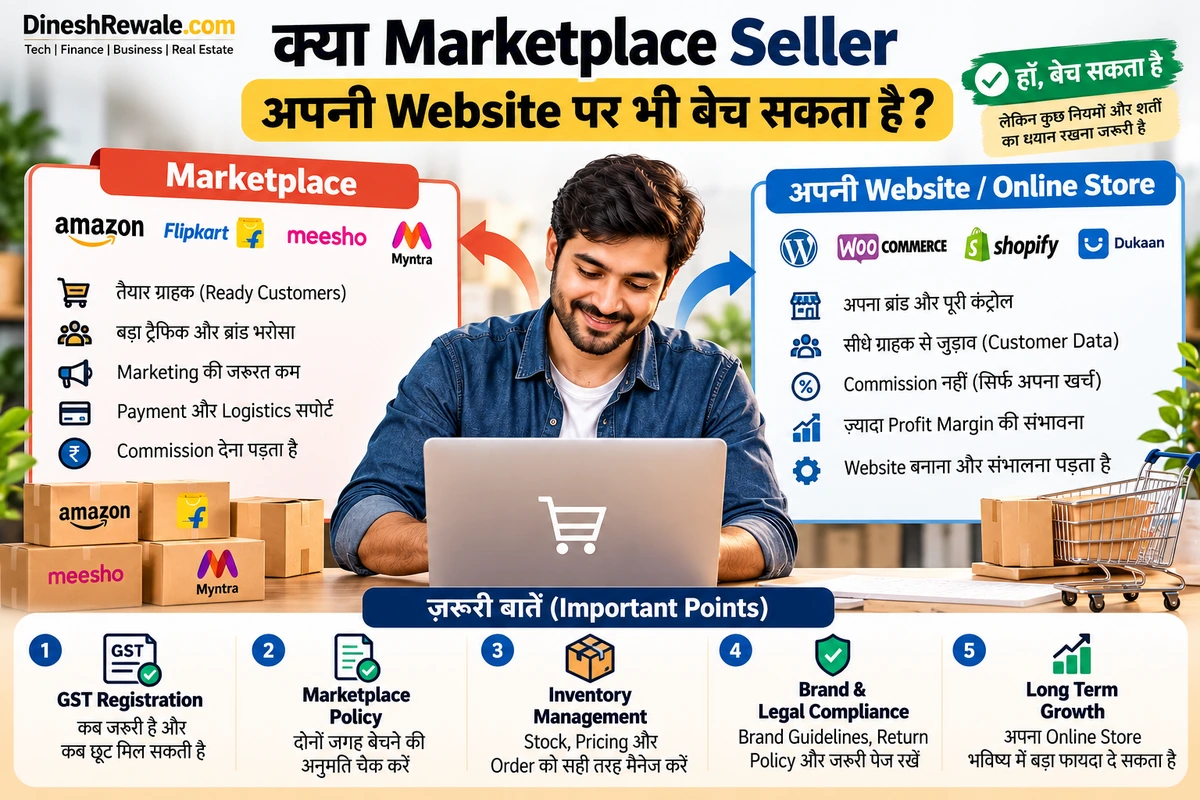 Marketplace seller और अपनी website के बीच अंतर, GST, marketplace policies, inventory और brand compliance की infographic