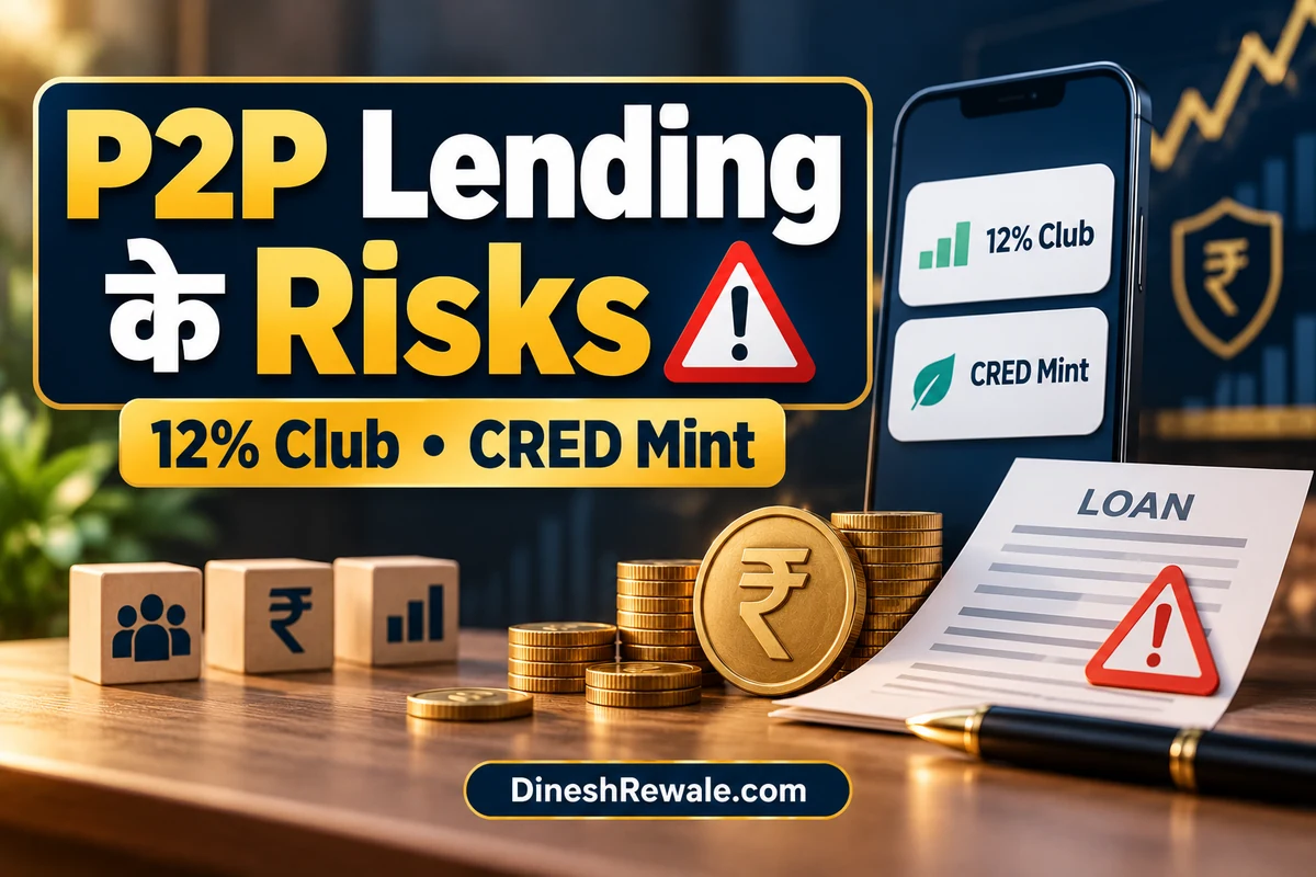 P2P Lending के risks, 12% Club और CRED Mint के साथ rupee coins और loan warning