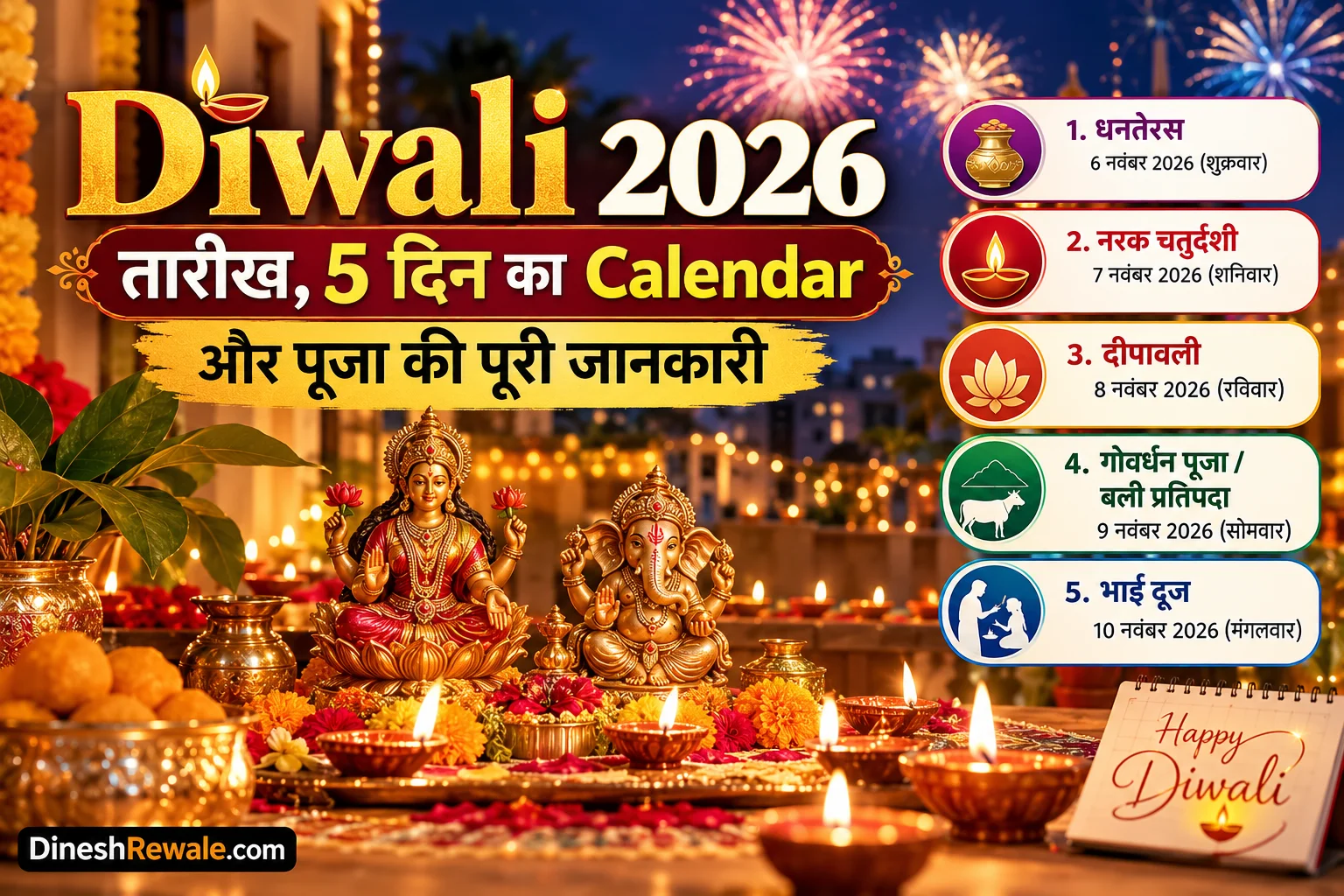Diwali 2026 date 5 day calendar and Lakshmi Puja information