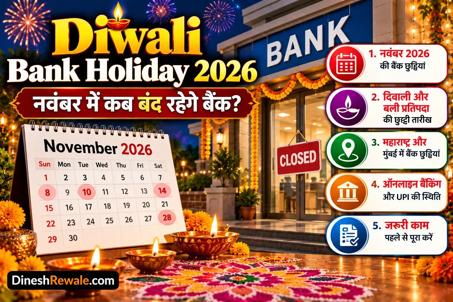 Diwali Bank Holiday 2026 नवंबर में बैंक छुट्टियां