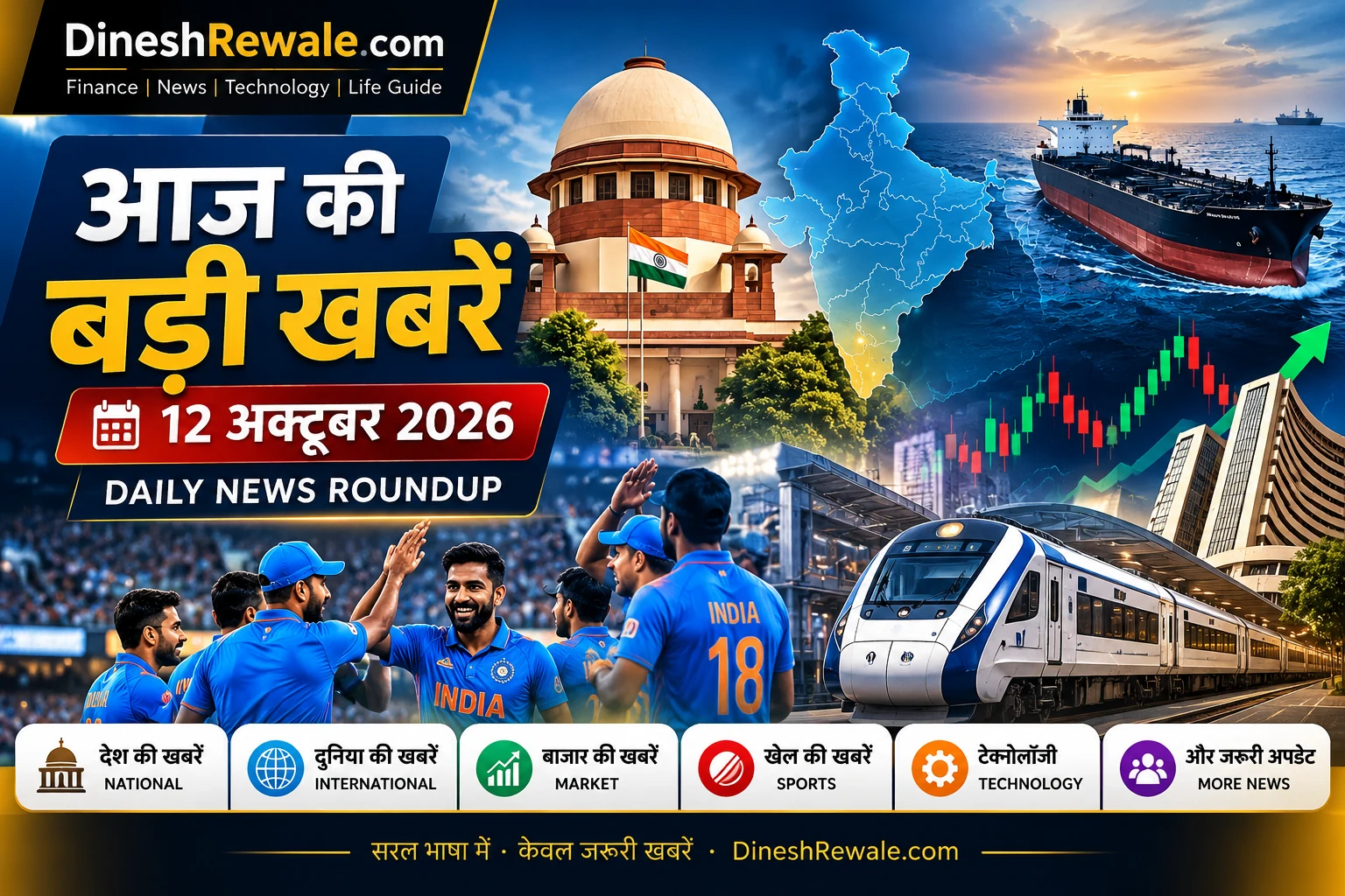 आज की बड़ी खबरें 12 अक्टूबर 2026: सुप्रीम कोर्ट, भारत का नक्शा, तेल का जहाज, शेयर बाजार, क्रिकेट और रेलवे