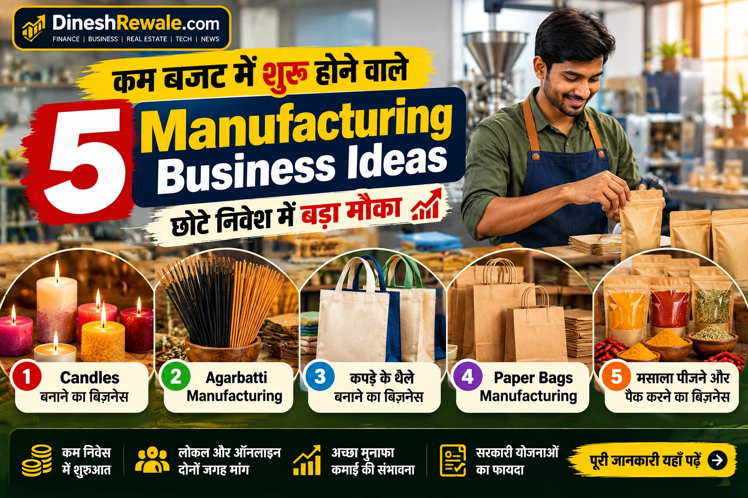 कम बजट में 5 Manufacturing Business Ideas: candles, agarbatti, cloth bags, paper bags और मसाला पैकिंग